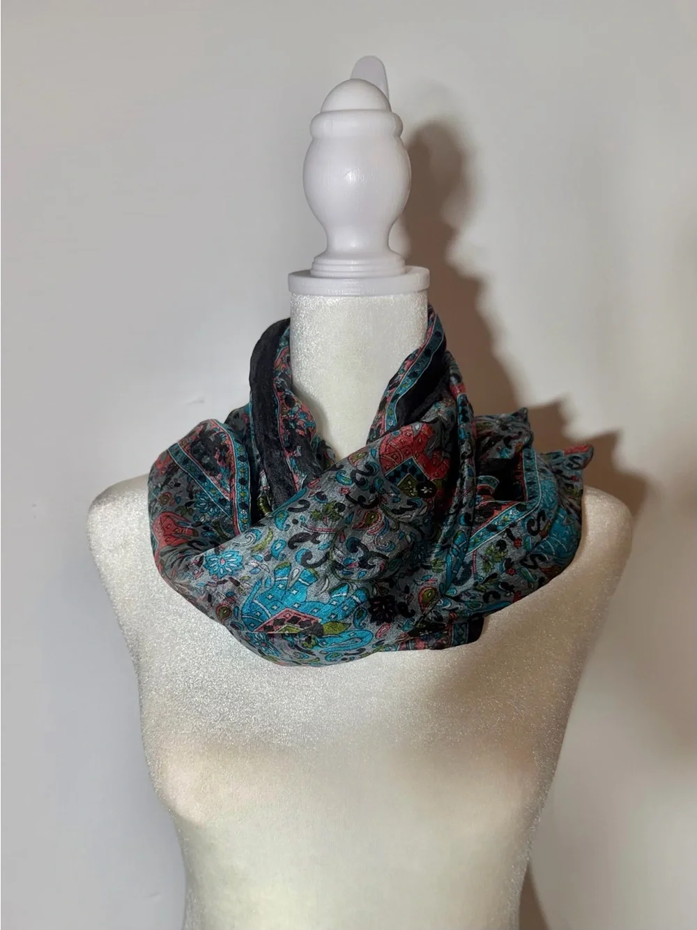 Lightweight 100% Silk Black & Blue Floral & Elephant Sheer Shawl Wrap Scarf